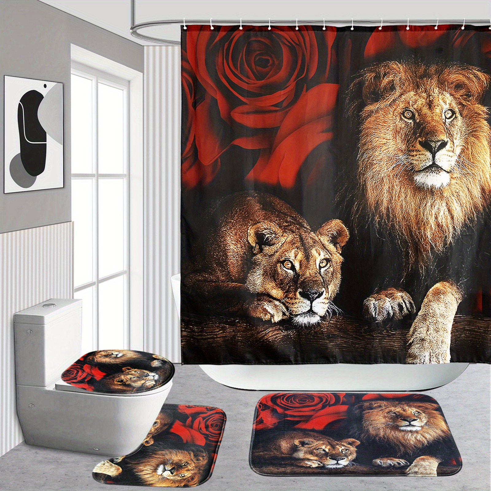 

4pcs Romantic Bathroom Shower Curtain Set, With 12 Hooks, Anti-slip Mats, And Toilet Lid Cover, Modern Home Decor