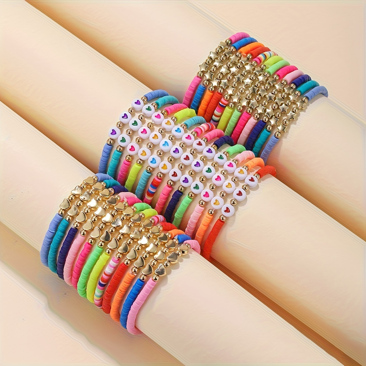 

36-piece Rainbow Boho Soft Clay Bead Bracelet Set-vibrant, Stackable, Multi-layered Ccb Hand Jewelry For Fashion-forward Style