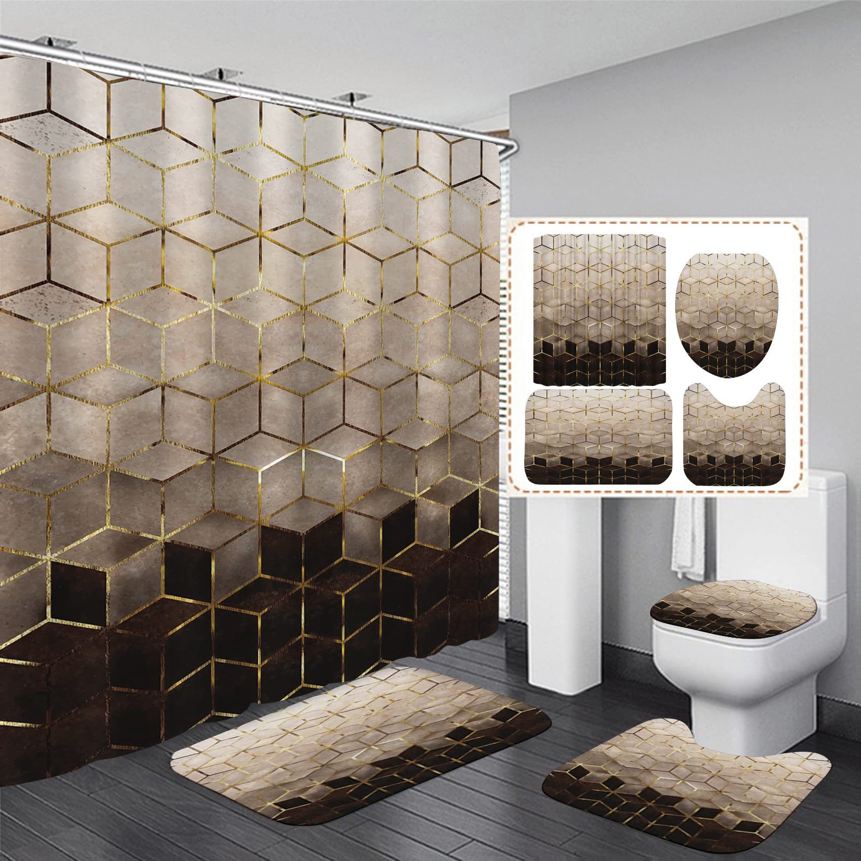 

4pcs Geometric Pattern Bathroom Shower Curtain Set, With 12 Hooks, Anti-slip Mats, And Toilet Lid Cover, Modern Home Decor