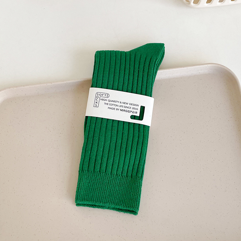 Image of 1 Pair Of Socks Autumn And Winter Vertical Striped Socks Women's Colorful Mid-tube Socks Ins Solid Color Pile Socks Versatile Pure Sports Long Socks