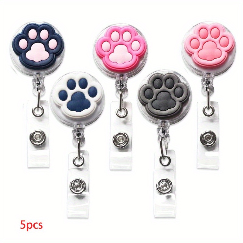 

5-pack Paw Print Retractable Badge Reel Holders With Durable Belt Clip And Strong Metal Snap For Nurses And Students, Rubber Plastic Housing