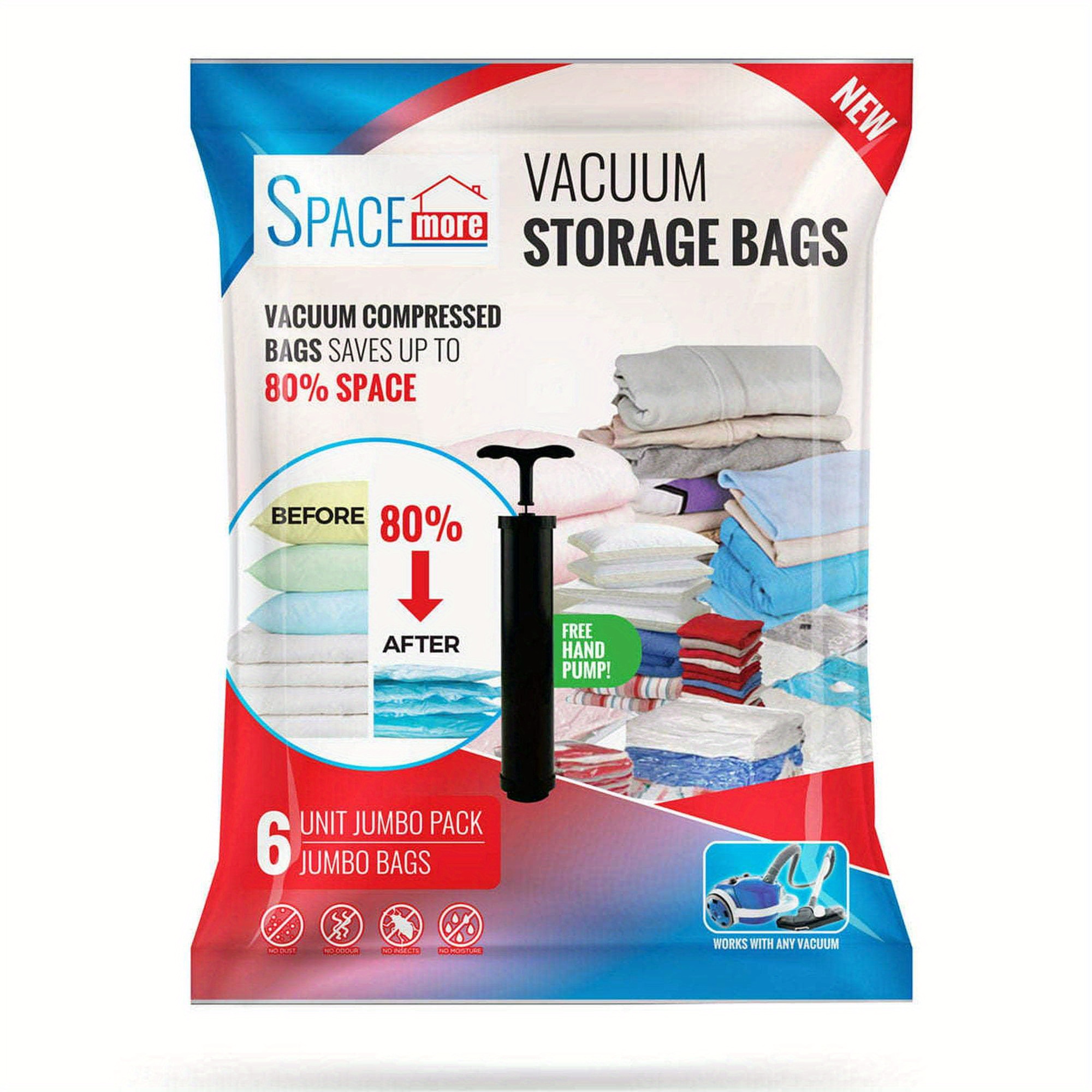 

Vacuum Storage Compression Seal Bags, Space Saver For Clothes, Bedding, Blanket, Comforter With Hand-pump For Travel, Clear, 6 Jumbo