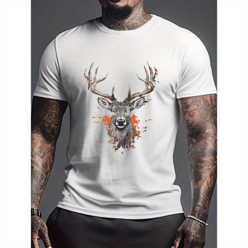 

Deer Head Print Men's Plus Size Casual Short Sleeve T-shirt, Lightweight Comfortable Summer Top