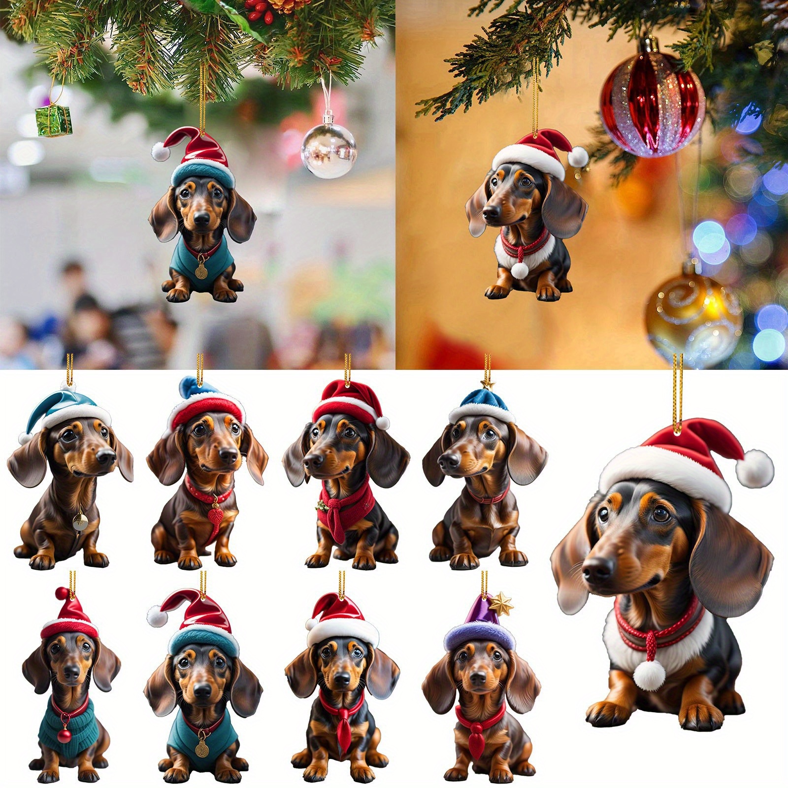 

9pcs Acrylic Dachshund Dog Car Hangings - Art Deco Style Animal-themed Ornaments, Home & Christmas Tree Decor, No Power Required, Featherless, Ideal For Holiday Gifting