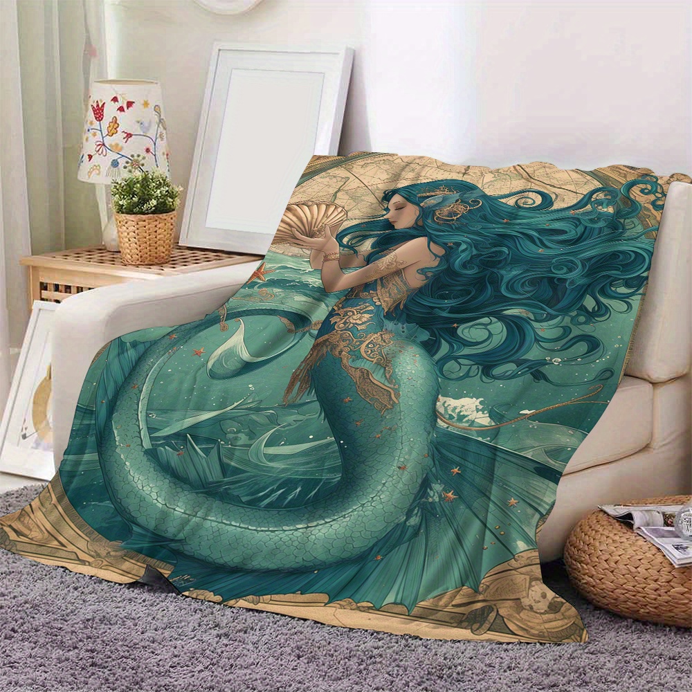 

Cozy Green Mermaid Flannel Throw Blanket - Soft, Warm, And Lightweight For Couch, Bed, Office, And Travel - Gift