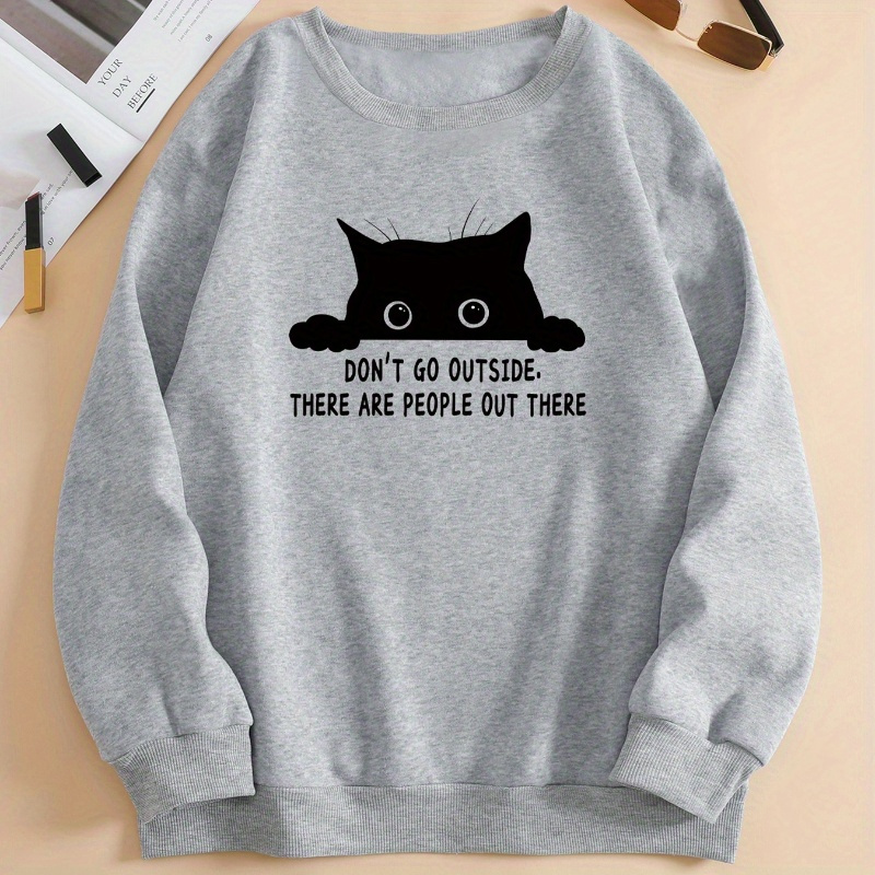 

Cat Print Pullover Sweatshirt, Casual Long Sleeve Crew Neck Sweatshirt For Fall & Winter, Women's Clothing