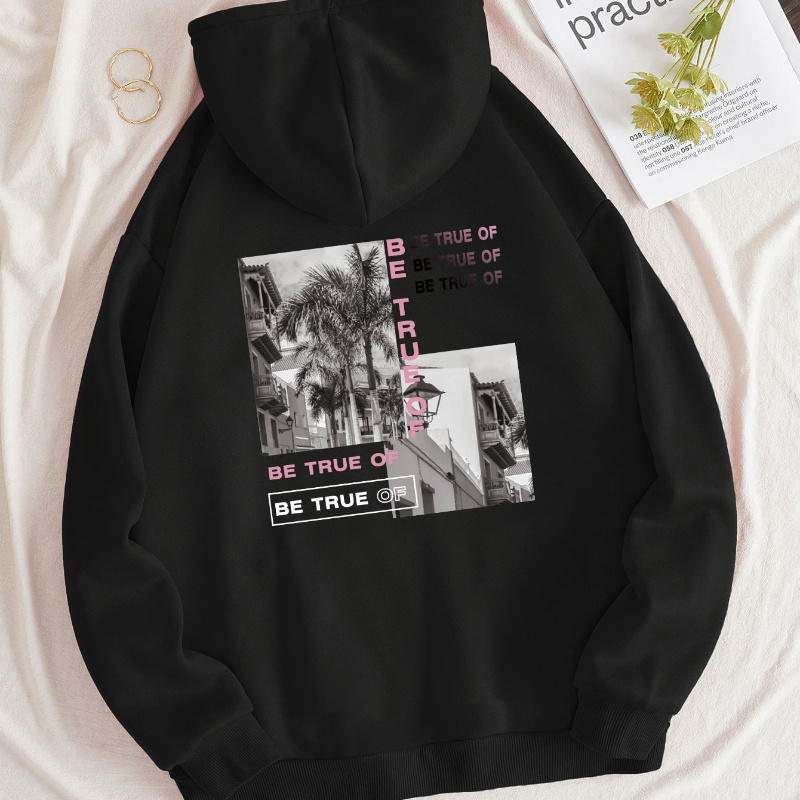 

Architectural Print Kangaroo Pocket Hoodie, Casual Long Sleeve Drawstring Hoodies Sweatshirt, Women's Clothing