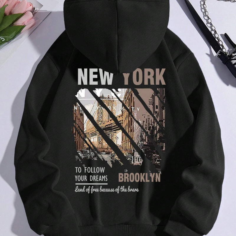 

New York Print Kangaroo Pocket Hoodie, Casual Long Sleeve Drawstring Hooded Sweatshirt, Women's Clothing