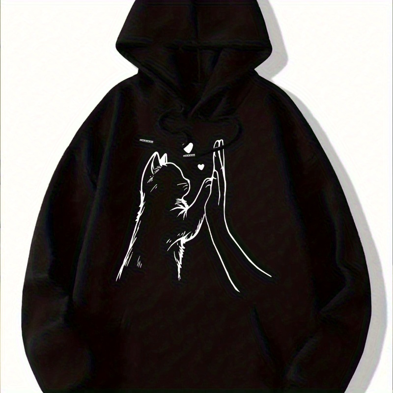 

Cat High 5 Print Kangaroo Pocket Hoodie, Casual Long Sleeve Drawstring Hoodies Sweatshirt, Women's Clothing