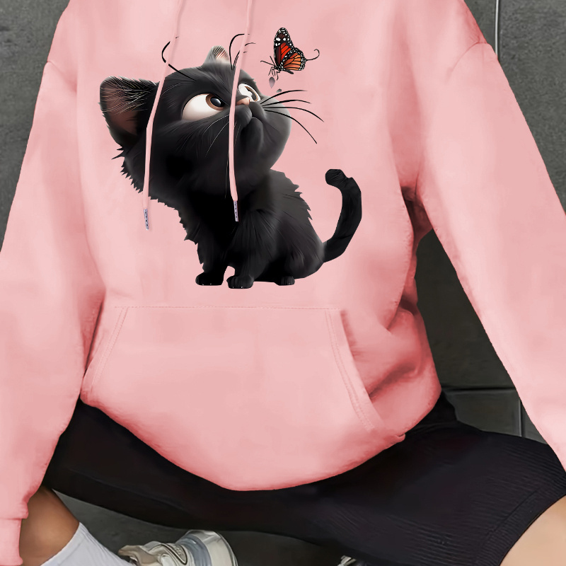 

Cozy Fleece-lined Women's Hoodie With Cute Cat Print & Kangaroo Pocket - Casual Long Sleeve Pullover For Fall/winter