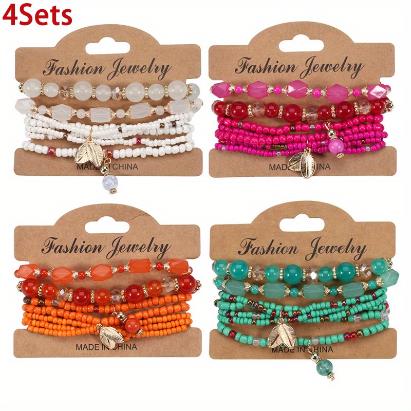 

4sets Bohemian Beaded Stretch Bracelet, Multicolor Stretch Bead Bracelets Sets, Multilayered Stackable Bracelets Leaf Tassel Strand Bracelet Bangle Accessories For Women Girls