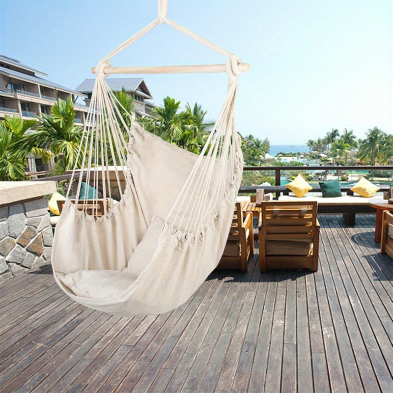 

1 Beige Hammock Chair Hanging Hammock Chair Rope Swing - 2 Cushions - Cotton Super Comfortable - Suitable For Indoor/outdoor, Bedroom, Porch, Patio