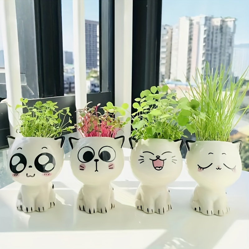 

4-pack Cute Mini Cat Ceramic Flower Pots | Cartoon Desk Decor For Home & Office | Ideal Diy Gift, 2.7x2.17in