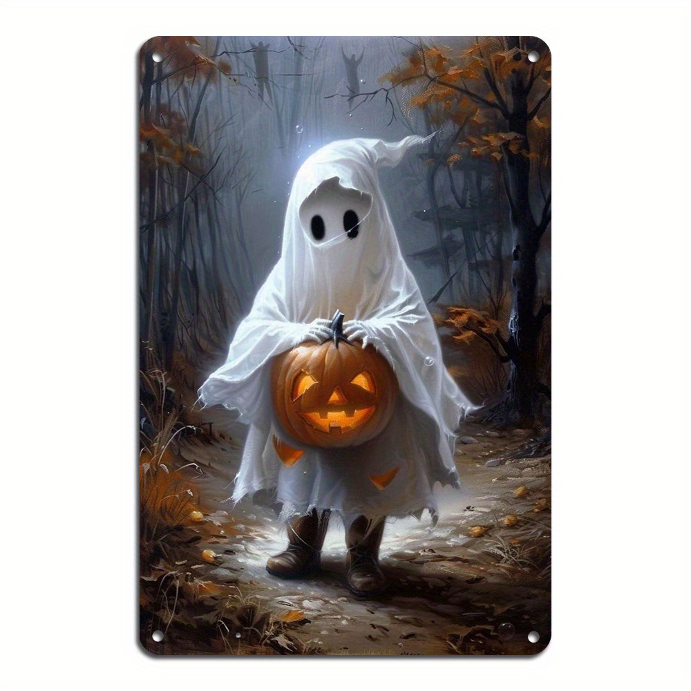 

1pc Aluminum Metal Sign Art Set - Cute Ghost With Pumpkin Halloween Wall Decor - Vintage-inspired Home & Bar Tin Poster, Pre-drilled For Easy Hanging (8x12 Inch)