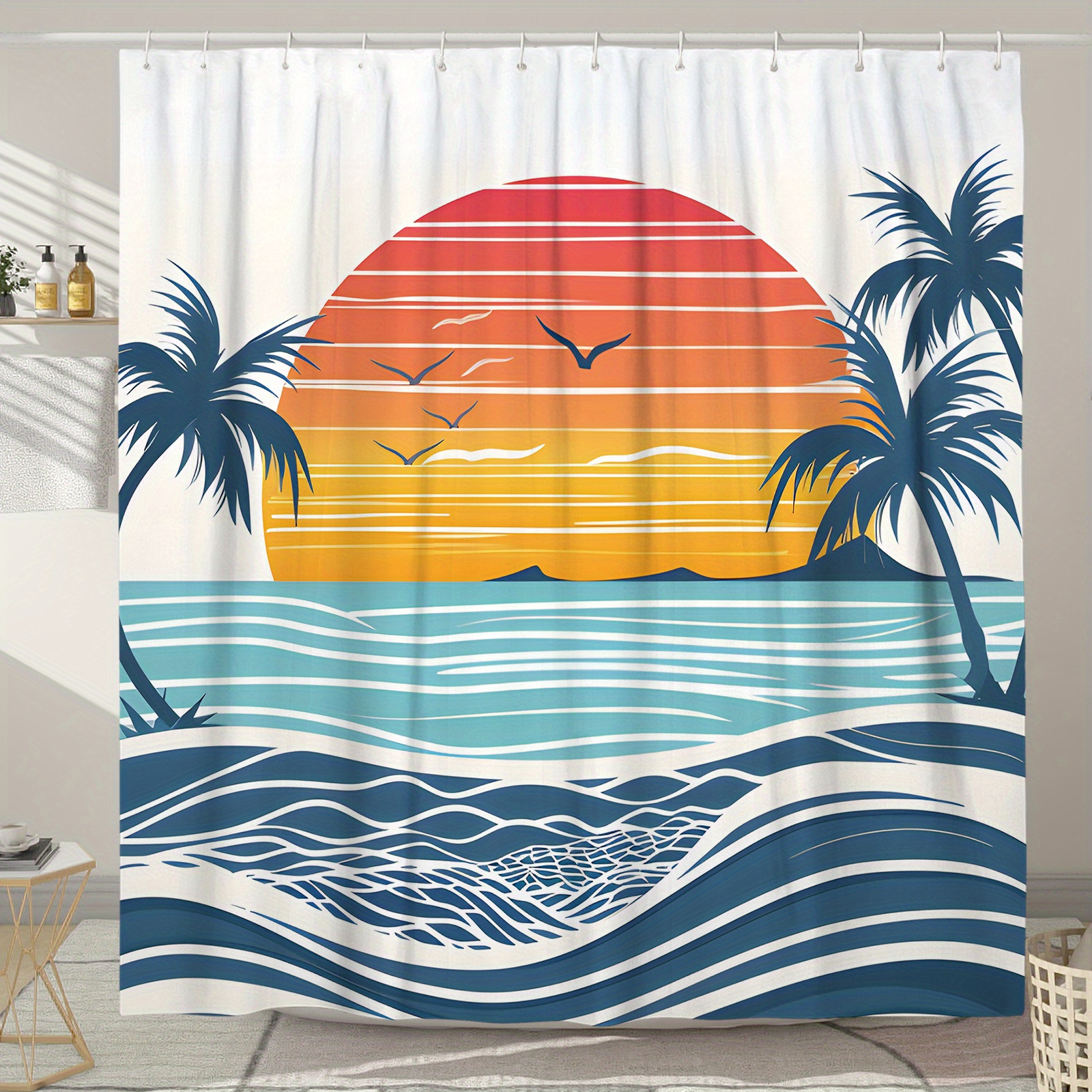 

1pc Bohemian Abstract Ocean Sunset Shower Curtain, 71x71 Inch, Tropical Palm Tree Beach Design, Waterproof Polyester Bathroom Decor With 12 Hooks, Machine Washable, Modern Home Decoration