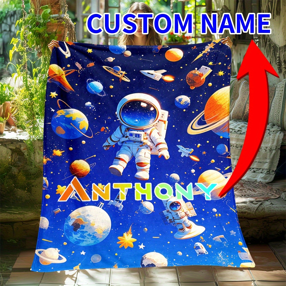 

Custom Name Space Astronaut And Soft Flannel Throw Blanket - Contemporary Lightweight Tear-resistant Bedding For Sofa, Office, Travel, Gifts - 100% Polyester Knitted Blanket