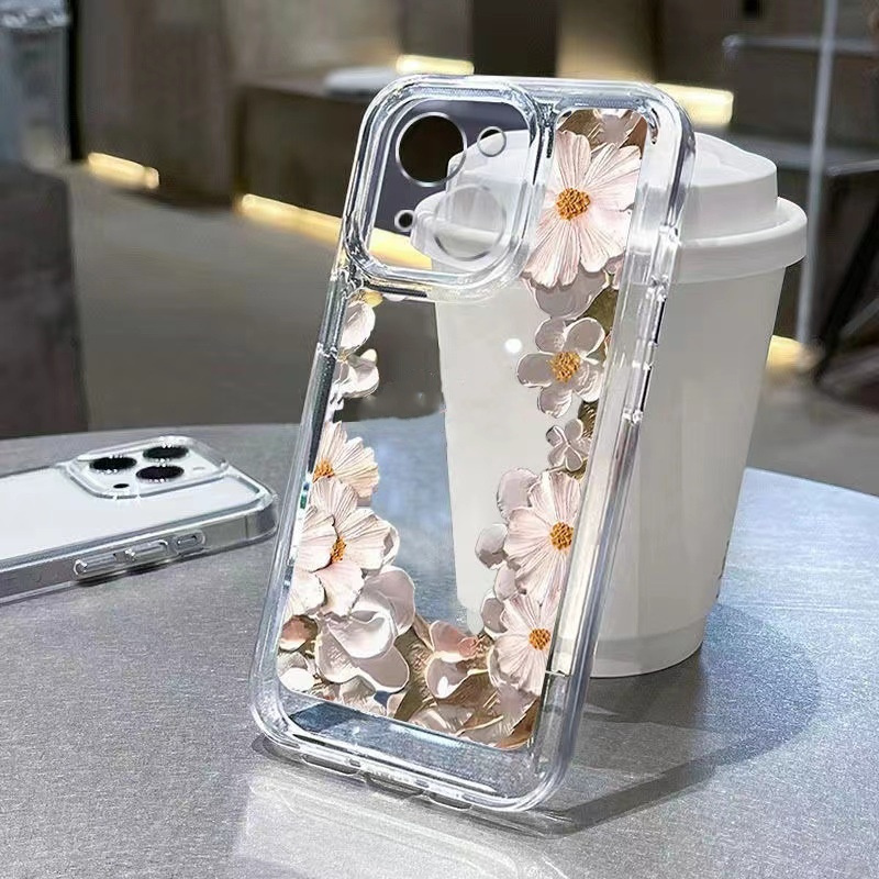 

Transparent And Black Mobile Phone Case With Oil Painting Flowers Around, Suitable For Iphone 7 8 X Xs Xr Xsmax 11 12 13 14 15 Pro Max Plus Series Models, - With Precise Hole Position Soft Case