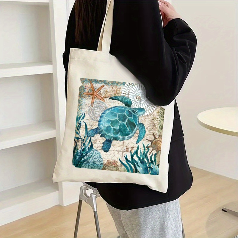 

Chic Retro Turtle Print Canvas Tote Bag - Large Capacity, Shoulder Handbag For Shopping, Travel & Outdoor Activities