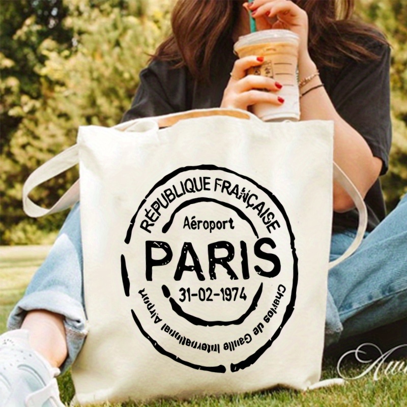 

Tote Bag For Women Canvas, Vintage Paris Printed Handbag Large Capacity Trendy Simple Style Durable Canvas Bags For Outdoor Picnic, Party, Travelling, Shopping