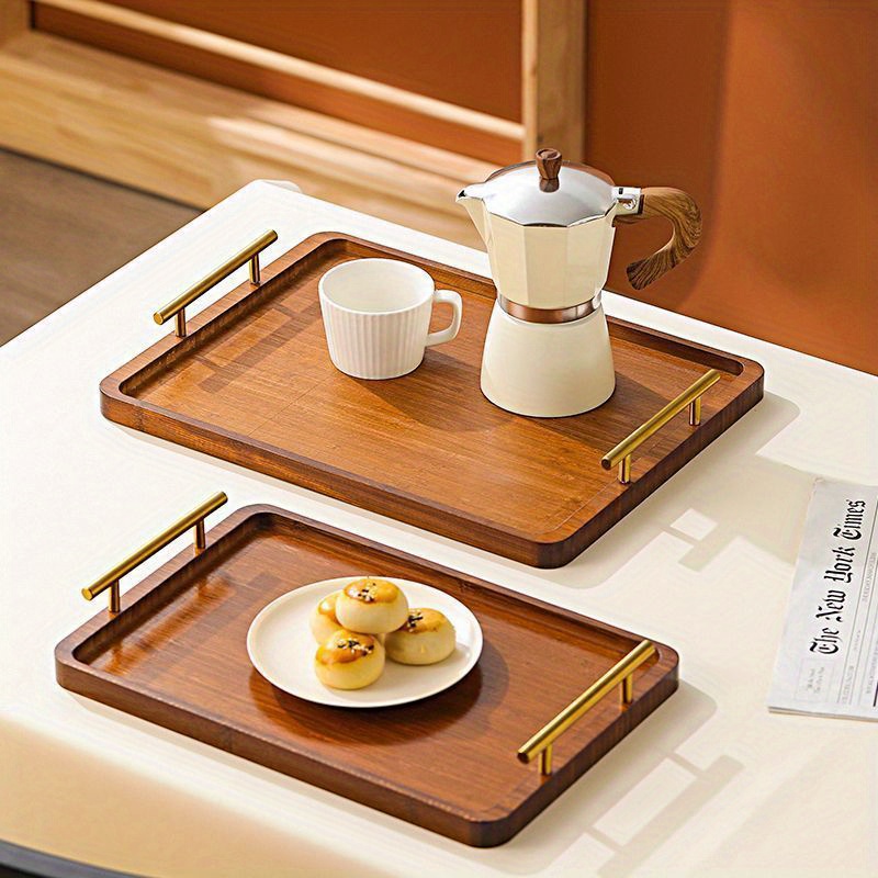 

1pc Polished Rectangular Wood Serving Tray With Golden Handles, Elegant Wooden For Breakfast, Fruit, Dessert, Modern