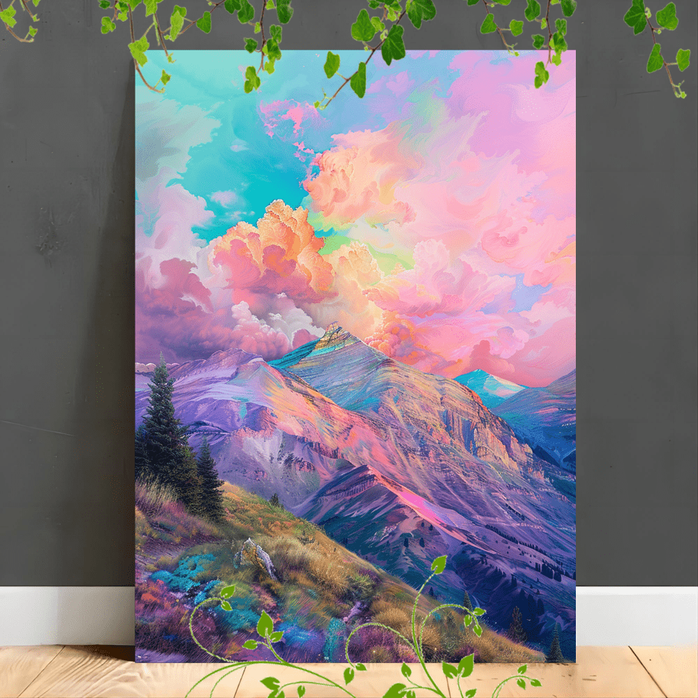 

1pc Wooden Framed Canvas Painting Artwork Very Suitable For Office Corridor Home Living Room Decoration Pastel Mountains, , Colorful Clouds, Surreal Landscape, Vibrant Scenery