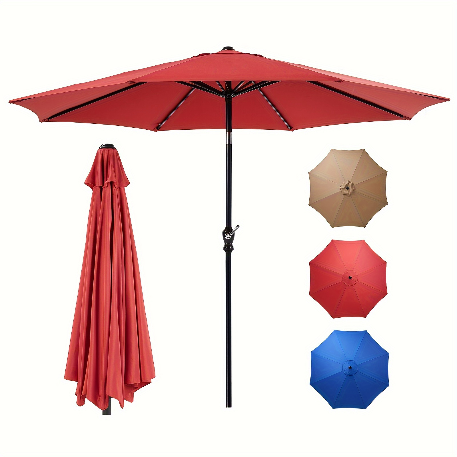9 ft 8-Rib Outdoor Patio Umbrella with Crank and Tilt, Stable Sunshade for Patios, Beaches, and Restaurants, Available in Blue, Khaki, and R
