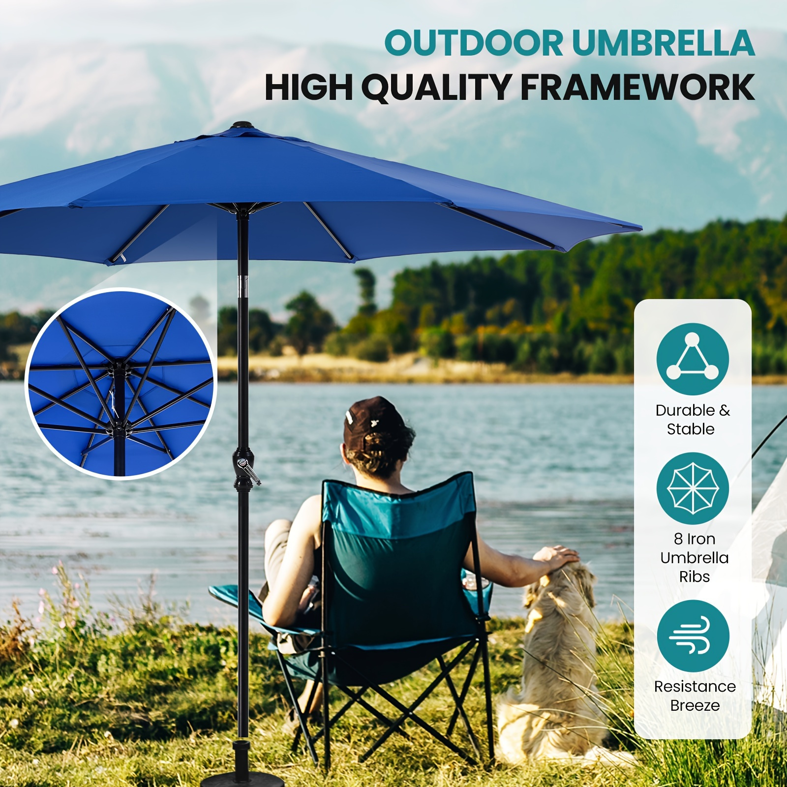 9 ft 8-Rib Outdoor Patio Umbrella with Crank and Tilt, Stable Sunshade for Patios, Beaches, and Restaurants, Available in Blue, Khaki, and R