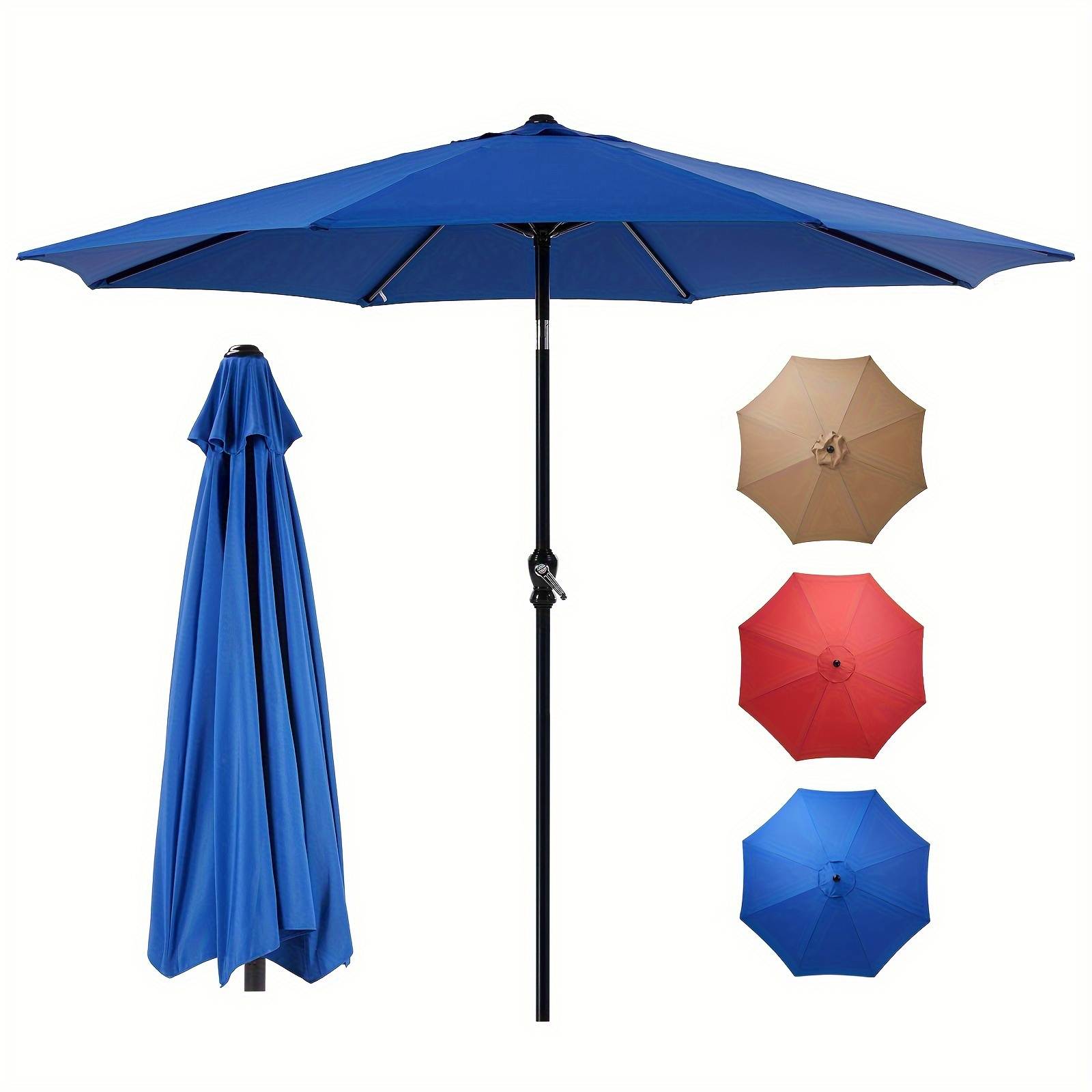 9 ft 8-Rib Outdoor Patio Umbrella with Crank and Tilt, Stable Sunshade for Patios, Beaches, and Restaurants, Available in Blue, Khaki, and R