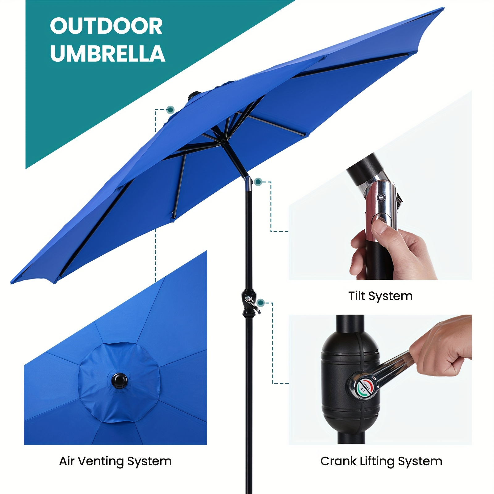 9 ft 8-Rib Outdoor Patio Umbrella with Crank and Tilt, Stable Sunshade for Patios, Beaches, and Restaurants, Available in Blue, Khaki, and R
