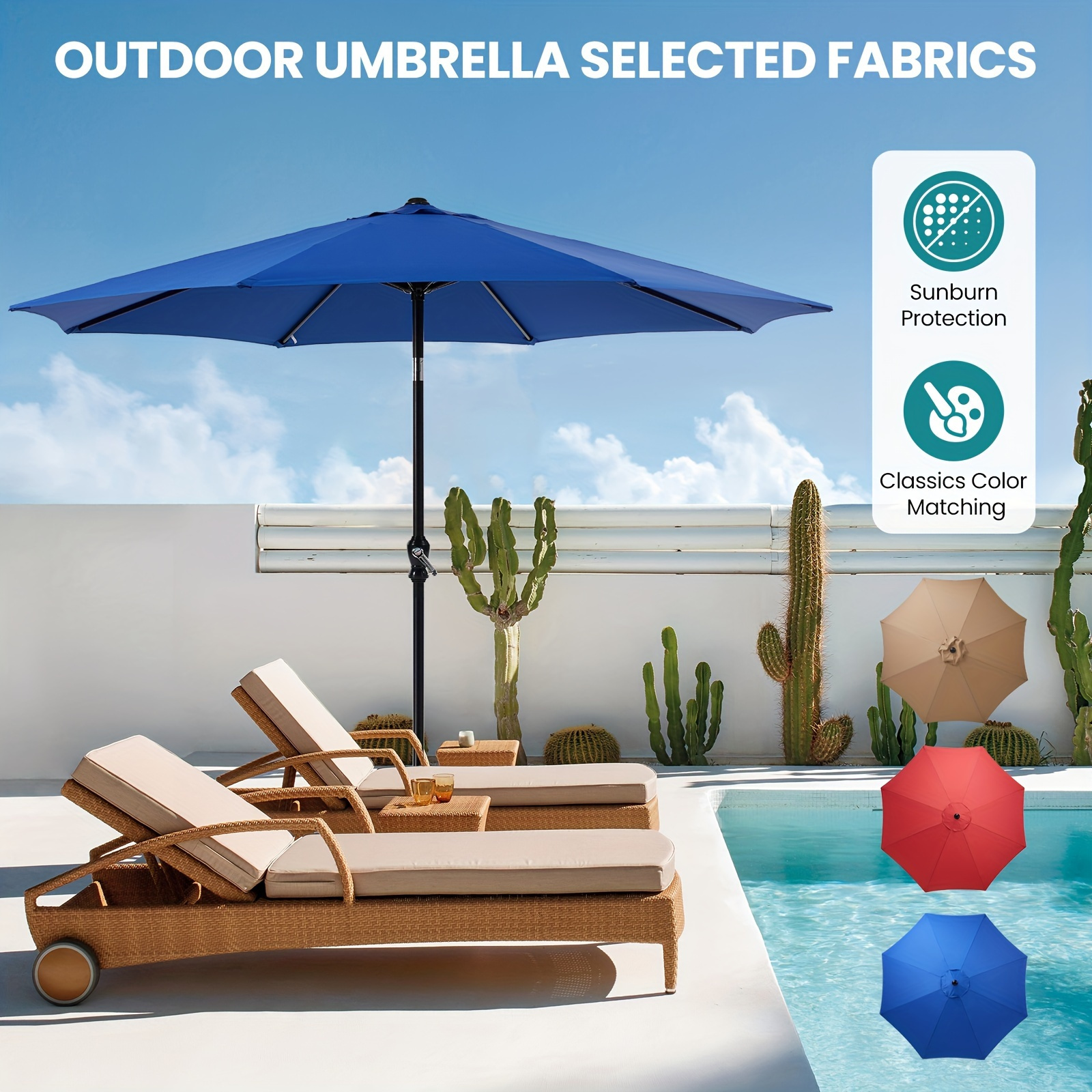 9 ft 8-Rib Outdoor Patio Umbrella with Crank and Tilt, Stable Sunshade for Patios, Beaches, and Restaurants, Available in Blue, Khaki, and R