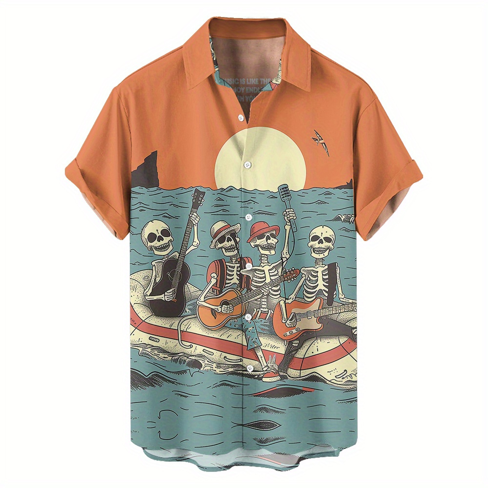 

Men's Oversized Shirt With Seaside Skull Band Pattern, Full Body Printed Short Sleeved Buttons, Casual Retro Trend, Loose Fitting Collar, Quick Drying, Outdoor Comfort, Hawaii Beach Vacation