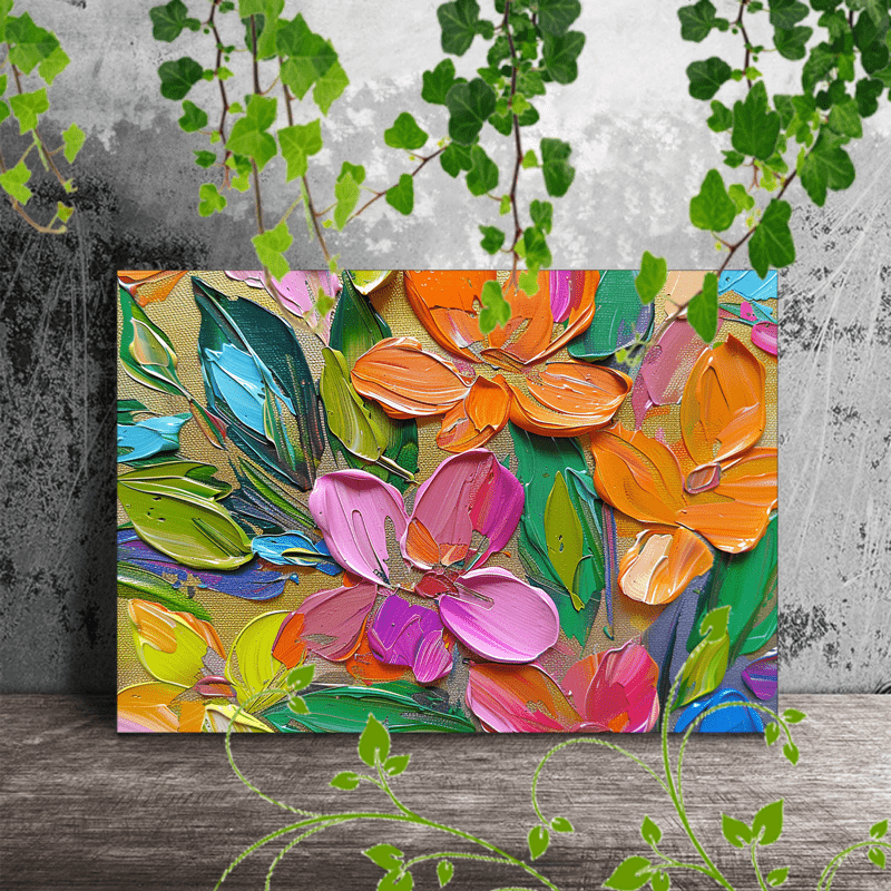 

1pc Wooden Framed Canvas Painting Artwork Very Suitable For Office Corridor Home Living Room Decoration Colorful Flowers Textured Painting Vibrant Petals Green Leaves Pastel Background