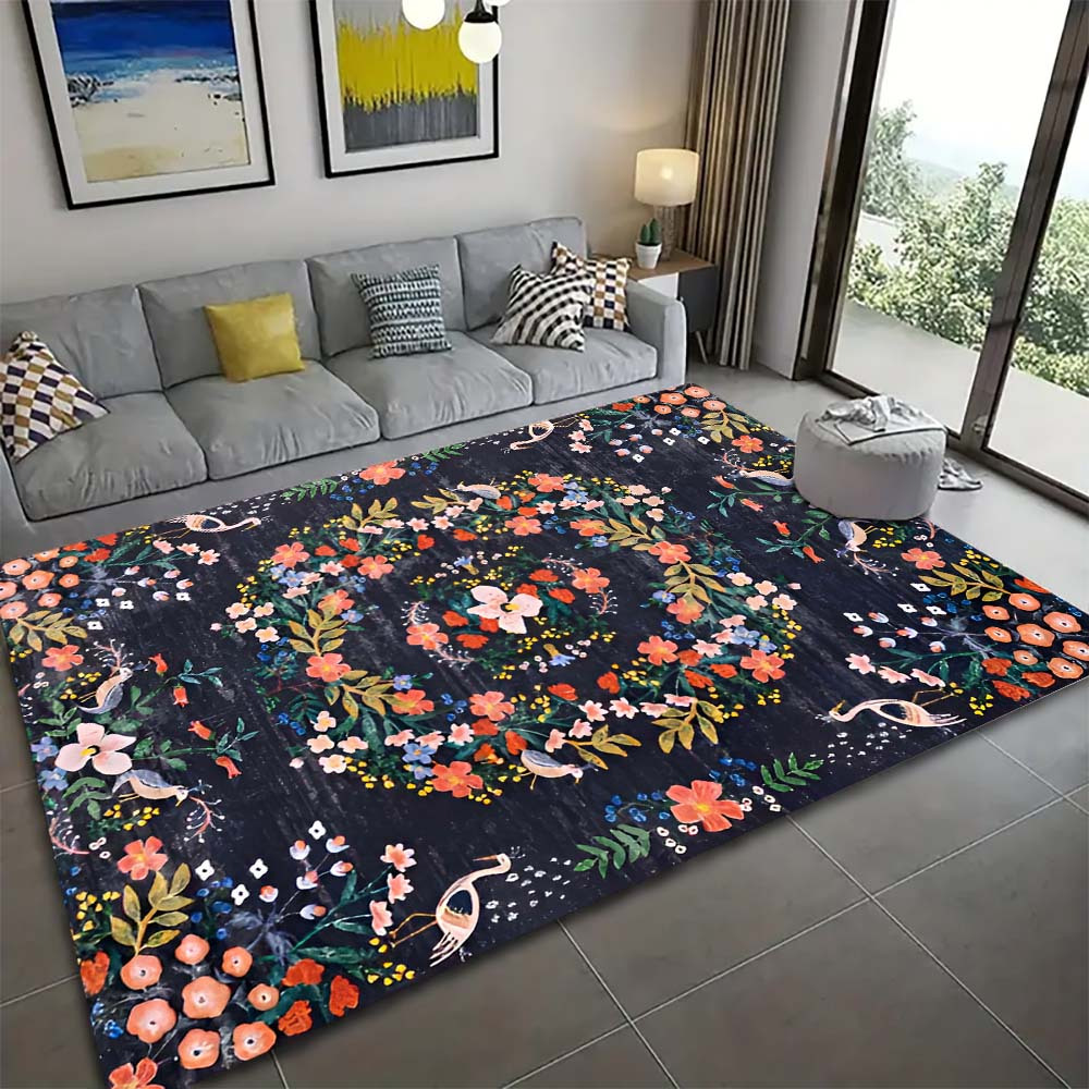 

Bohemian Chic Floral Area Rug - Soft Polyester, Non-slip, Machine Washable, Living Room & Bedroom Decor, Ideal Holiday Gift