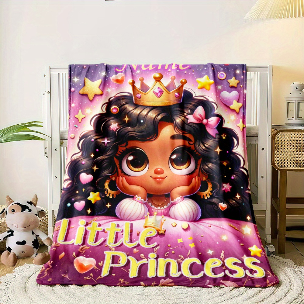 TEMU Customizable 1pc Black Little Princess Blanket With Personalized Name - Lightweight Flannel Throw For Sofa, Bed, Travel, Camping, Living Room,