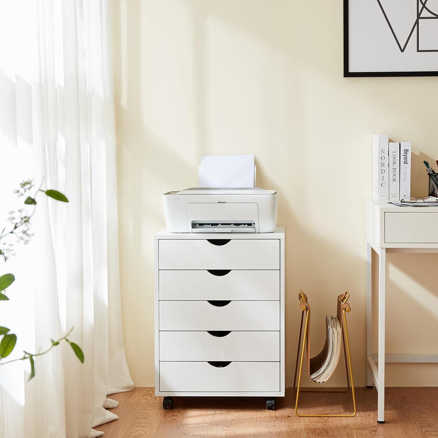 

5 Drawer Chest Dresser Mobile Storage Cabinet With Wheels And Spacious Storage For Home Office Room, White And Black