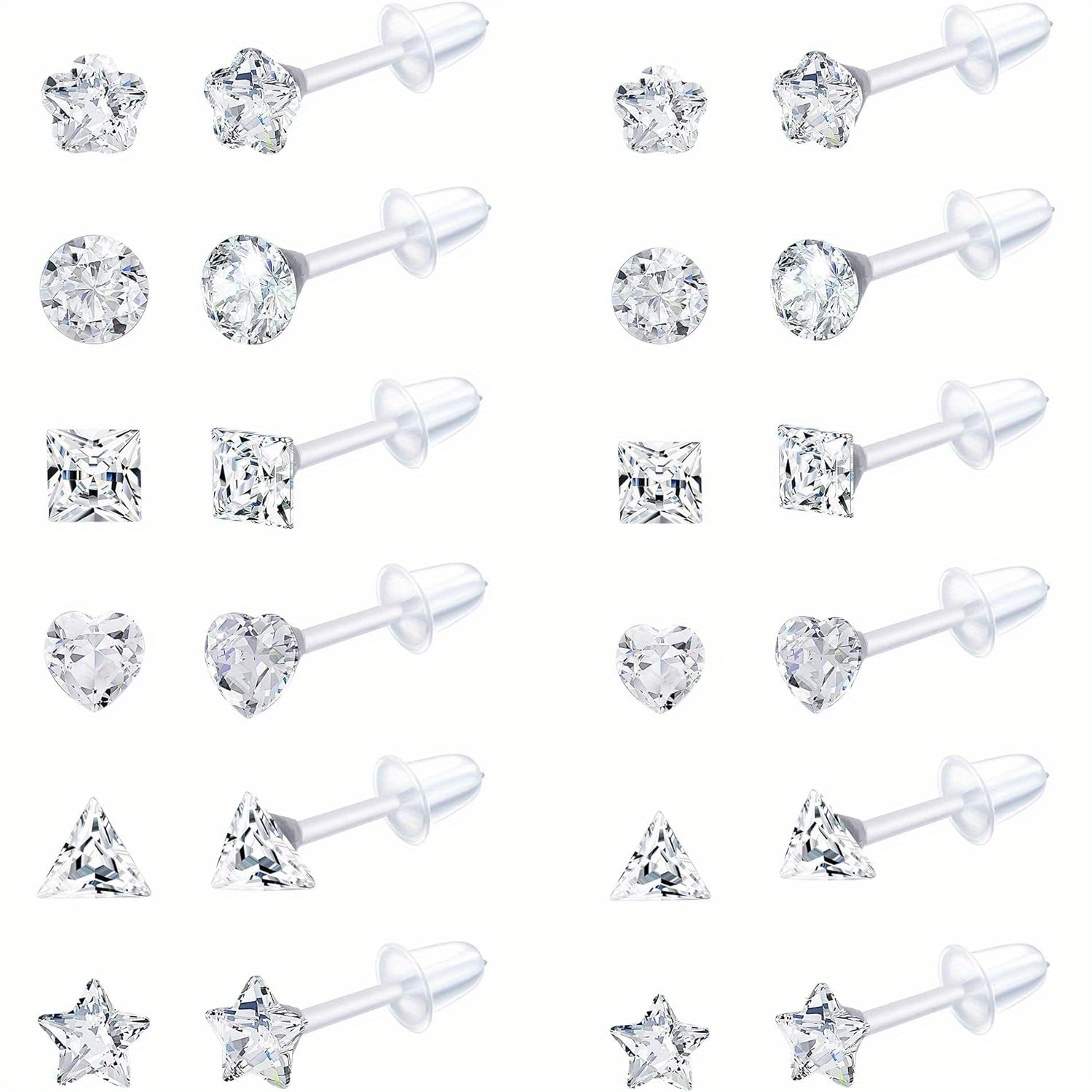 

12-pair Hypoallergenic Acrylic Cz Stud Earrings Set For Women - Clear Plastic Posts With Sparkling Round, Square, Star, Heart Rhinestones - Ideal For & Parties, Cute Earrings