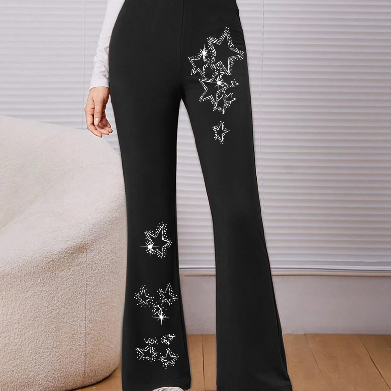 

Star Print Girls Casual Stretch Knit Flared Pants, Elastic Waist Bell Bottom Trousers For Autumn Winter