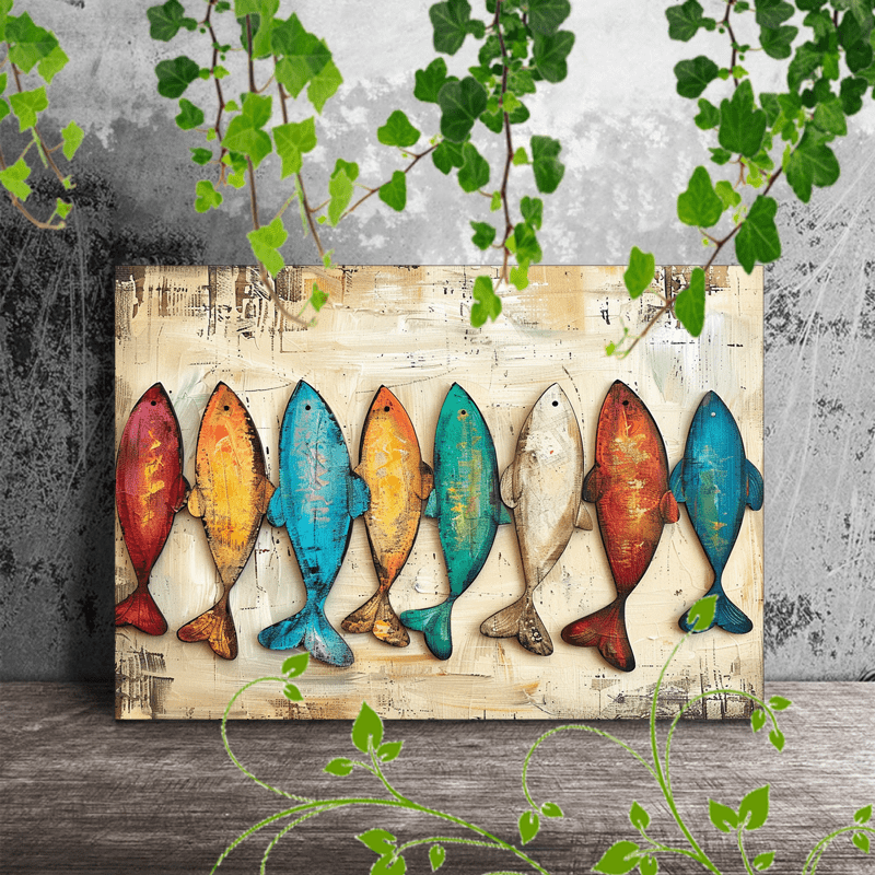 

1pc Wooden Framed Canvas Painting Artwork Very Suitable For Office Corridor Home Living Room Decoration Row Of Fish Rustic Painting Beige Background