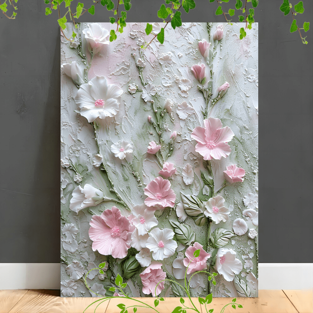 

1pc Wooden Framed Canvas Painting Artwork Very Suitable For Office Corridor Home Living Room Decoration Textured Floral Relief, Pink And White Flowers, Delicate Petals, Green Leaves, Soft Pastel Backg