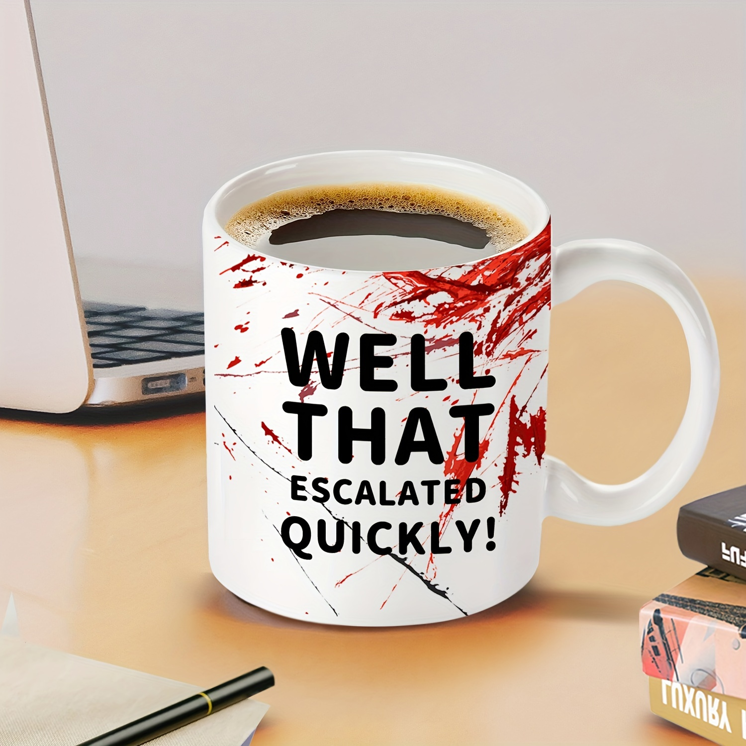 

1pc, 11oz Ceramic Coffee Mug - 'well That Escalated Quickly' Funny Party Mug With Splatter , Dishwasher Safe, Reusable & Recyclable, , Office, Or Home Use