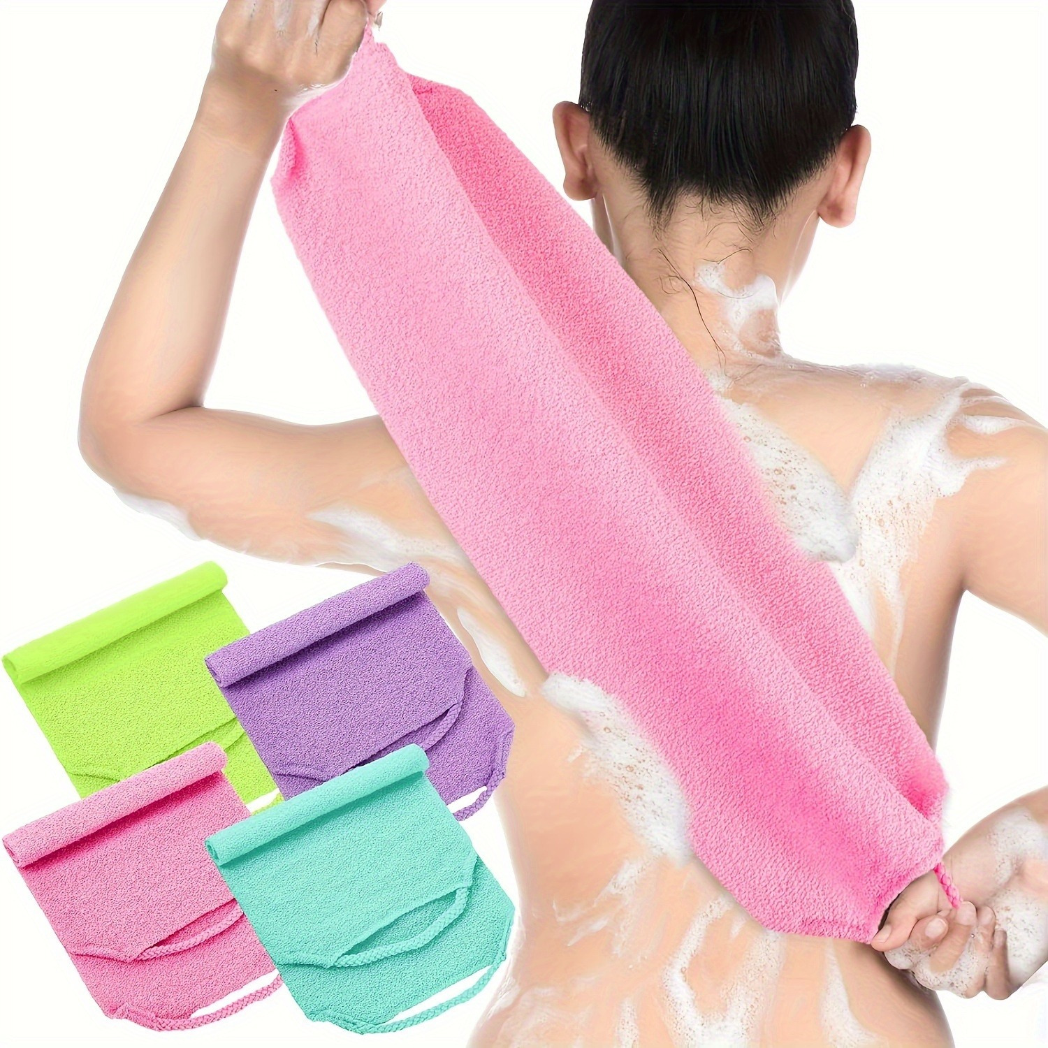 

4-piece Stretchable Nylon Exfoliating Back Scrubber Gloves - Dual-layer, Quick Dry Body Scrub Cloth With Handle For Shower, Skin Cleansing & Massage - Unisex