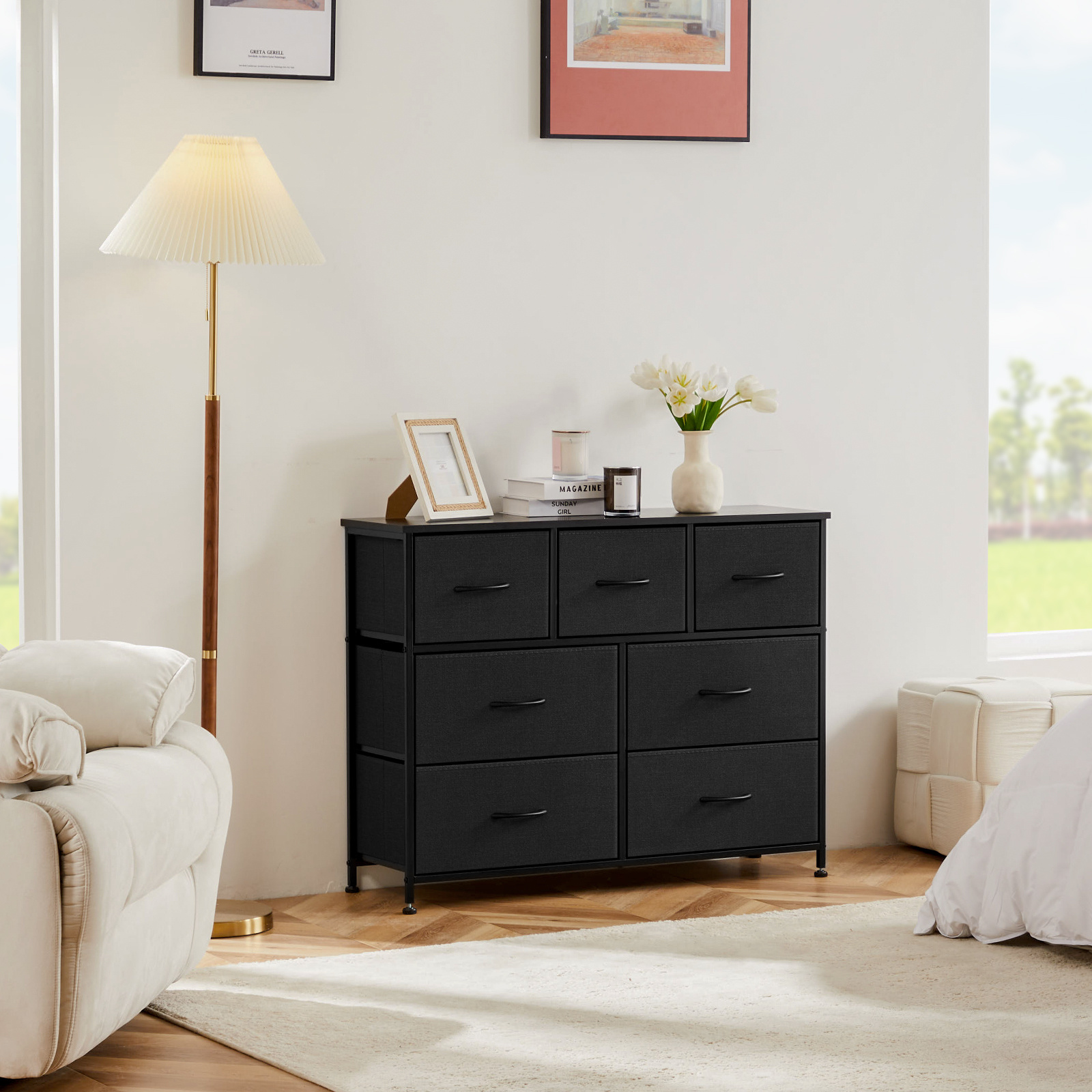 

7-drawer Black Fabric Storage Cabinet Dresser With Metal Frame - Lightweight, Organizer For Bedroom, Living Room, Home Office, ≥3.2 Cubic Ft Capacity