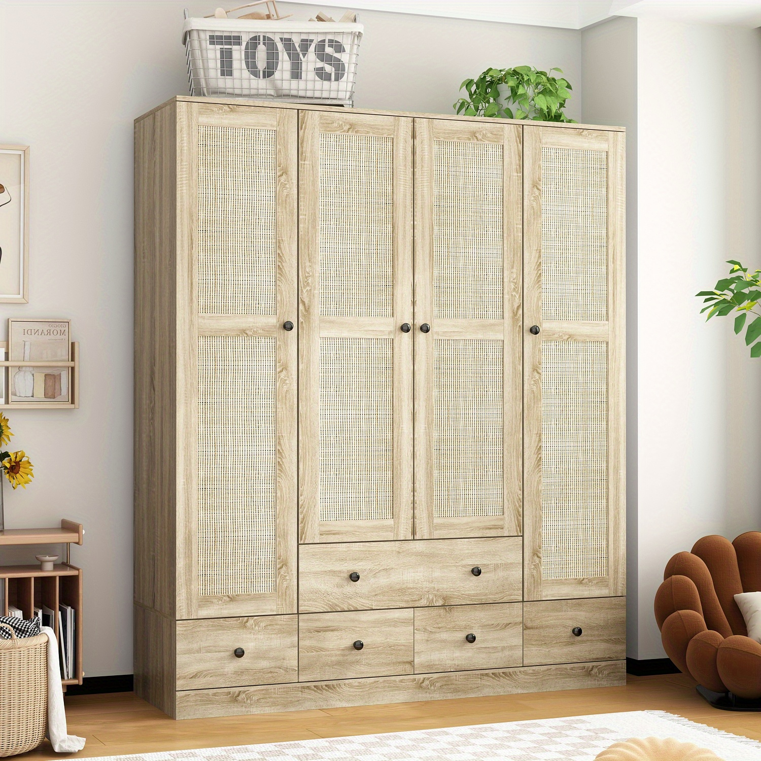 armoires and wardrobes 4 door wardrobe with shelves and drawers rattan door design wardrobe closet with 2 clothing rods 0