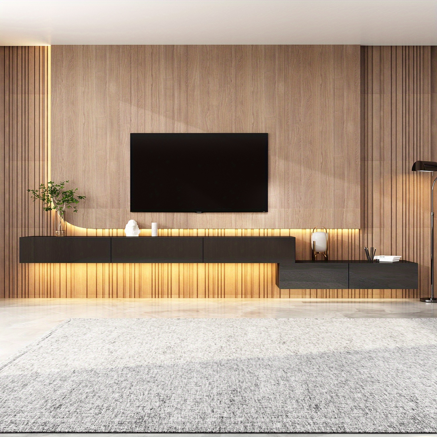 TEMU Length & Shape Adjustable Floating Led Tv Stand For Tvs Up To 80", Wall Mounted Media Console With 5 Drawers, Glossy Surface & Led Lights, Modern Entertainment Center