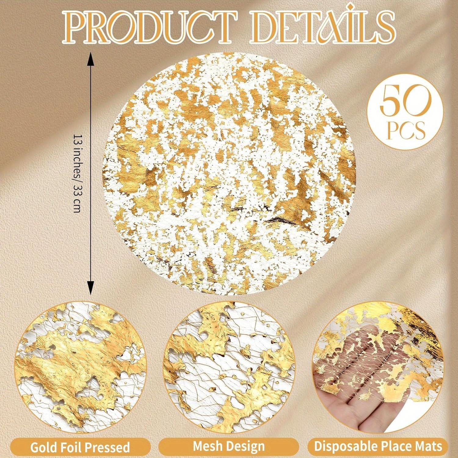 TEMU 50pcs Disposable Golden Placemats Set, Round Mesh Pressed Table Doilies, Thin Mesh Table Pad For Home, Room Decoration, Dining Table Decor