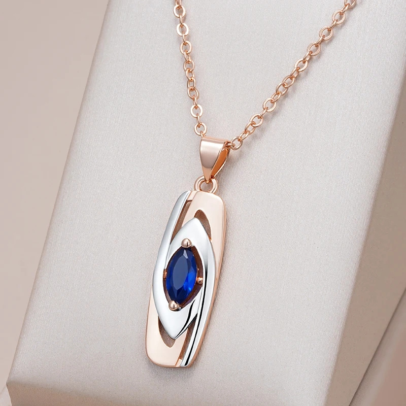 Image of Luxury Blue Stone Pendant Golden Mixed Silvery Synthetic Zirconia Pendant Necklace For Women Trendy Wedding Jewelry