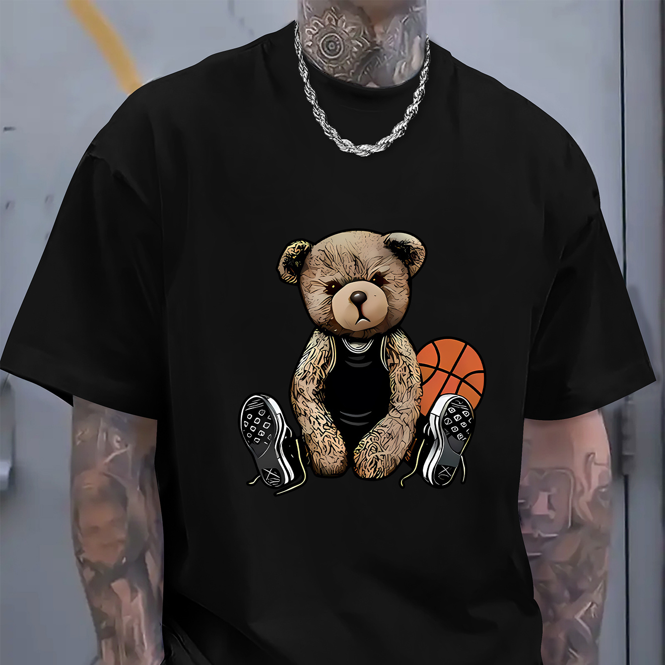 

Men's Cotton T-shirt With Cool Bear & Basketball Print, Casual Short Sleeve Round Neck Tee, Soft Comfortable Top, Streetwear Fashion