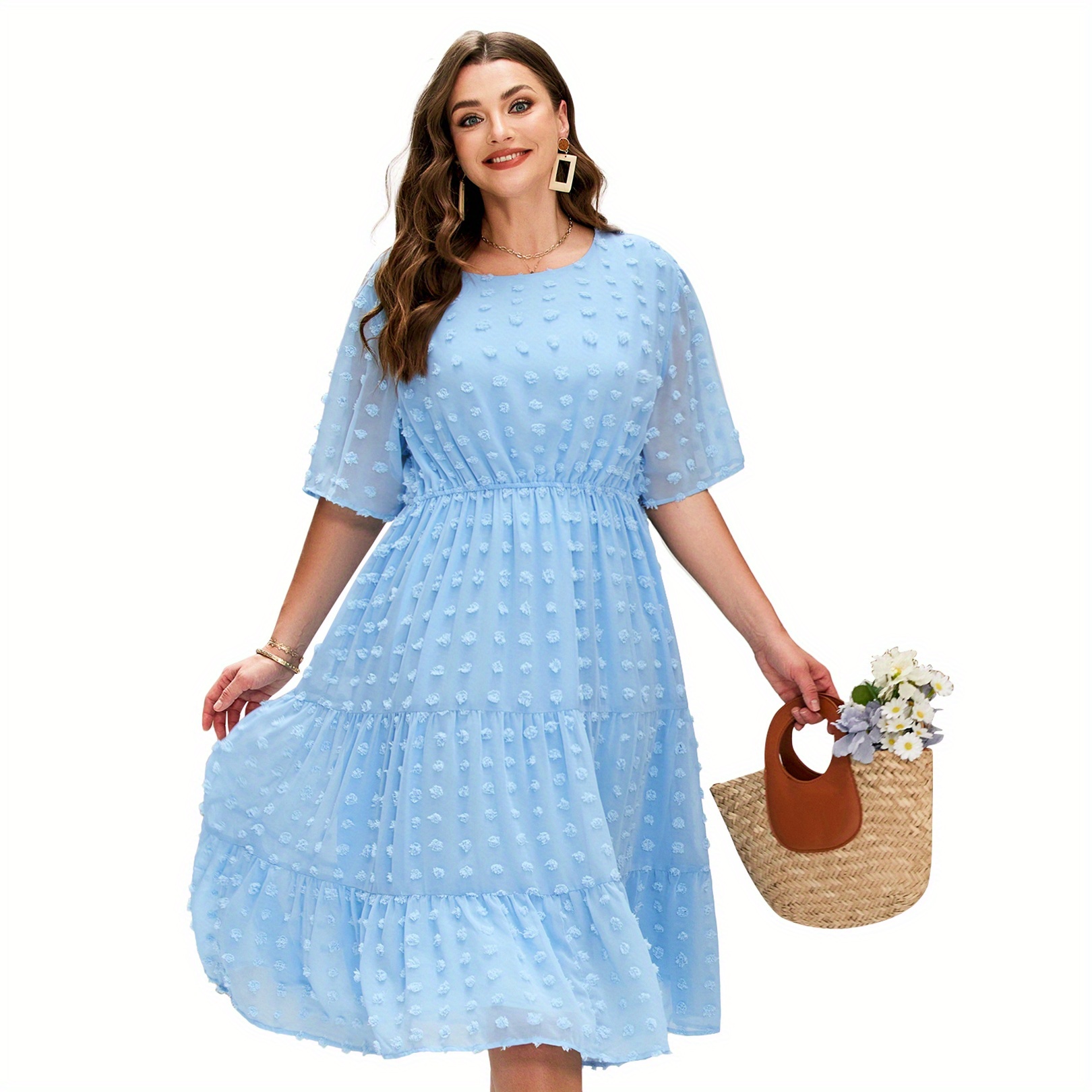 

Plus Size Swiss Dot Midi Dress, Casual Short Sleeve Ruffle Hem Dress For Spring & Summer, Women's Plus Size Clothing