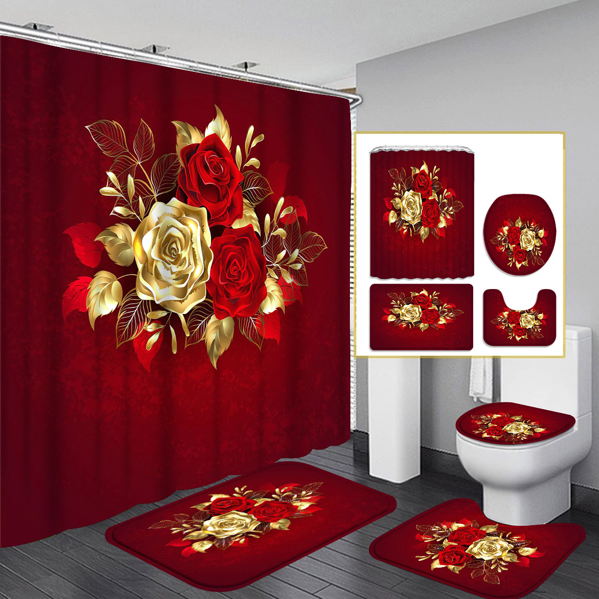 

4pcs Red Rose Curtain Shower Curtain Decor, Housewarming Gift Decor, Medical Privacy Curtains, Waterproof Shower Curtain And Toilet Floor Mat Three-piece Set Comes With 12 Shower Curtain Hooks