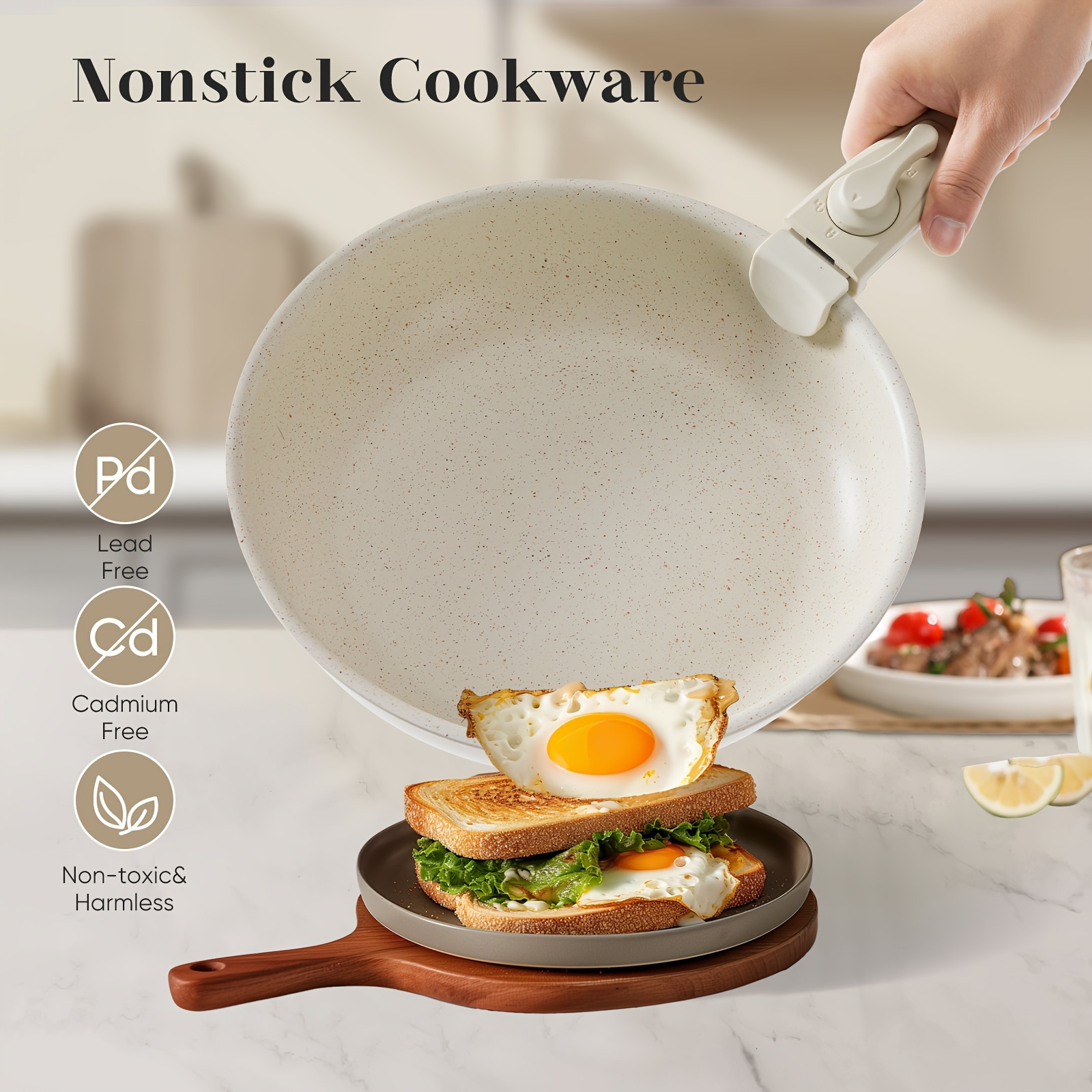 12pcs white granite nonstick cookware set stainless steel induction compatible frying pans saucepans with removable handles easy clean   kitchen essentials details 2